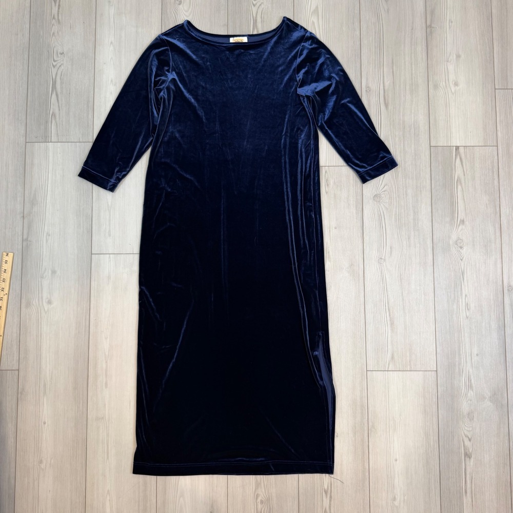 Talbots Navy Blue Velvet Maxi Dress 3/4 Sleeve Boat Neck Side Slit Size M
